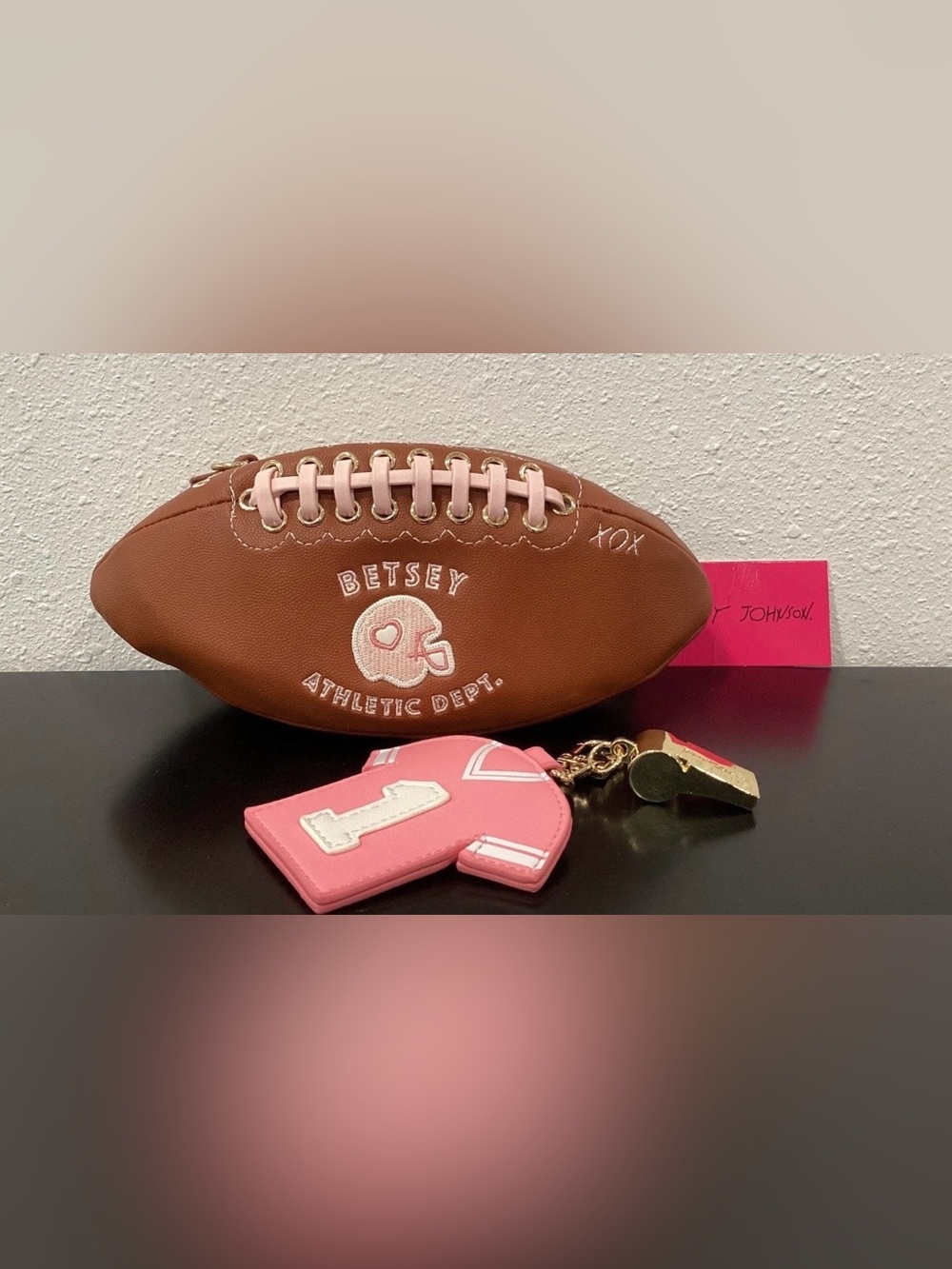 Betsey Johnson Game Day Pink Brown Football Crossbody Purse W/ 2 Charms NWT RARE